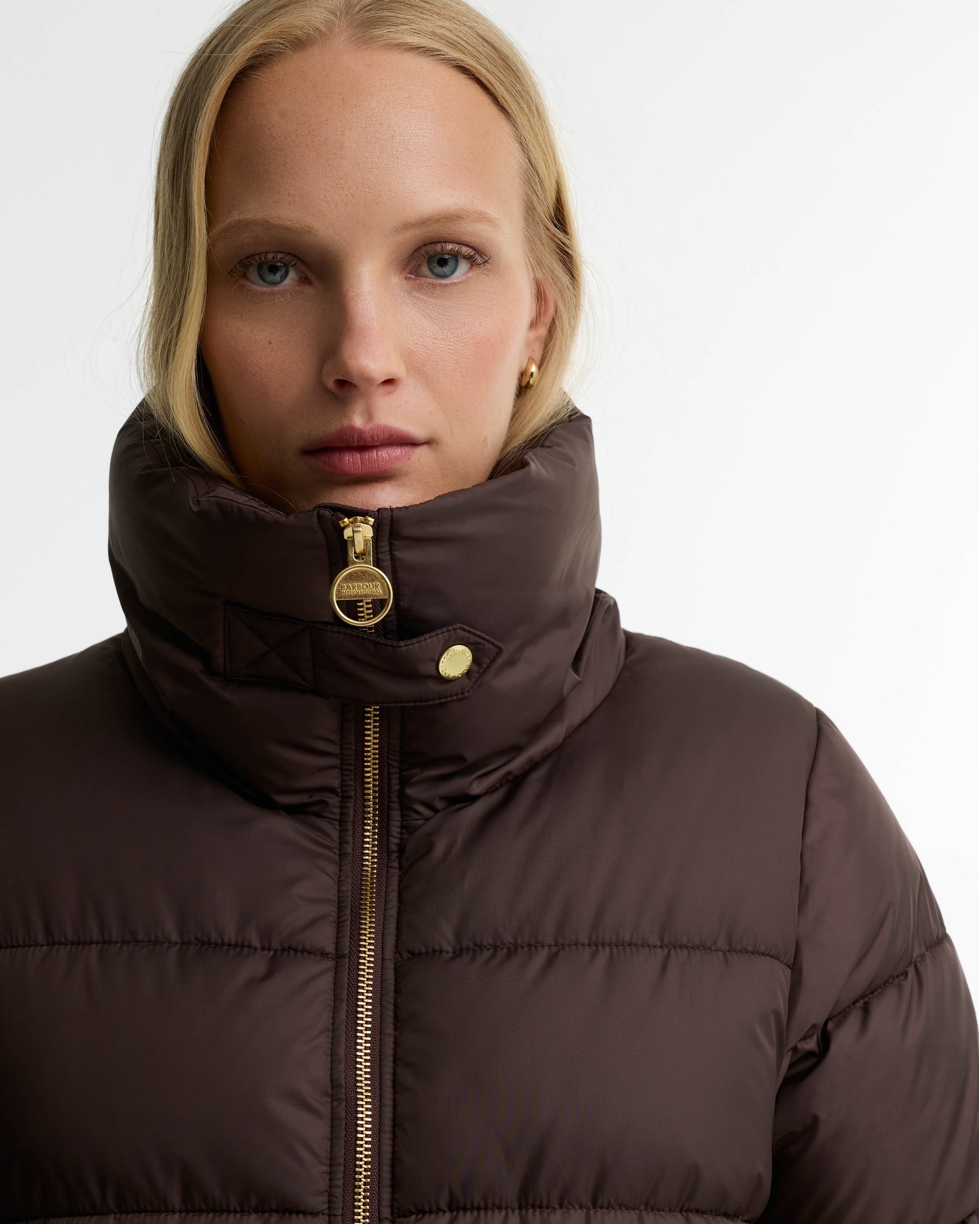 Barbour International Longline Cyrus Womens Puffer Jacket - Truffle | CHO | Designer Womens Puffer Jackets
