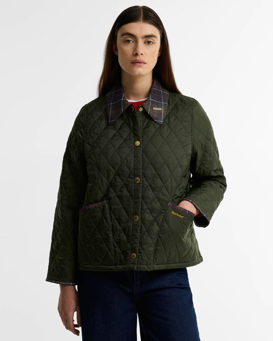 Barbour Icons Tartan Collar Cropped Liddesdale Womens Quilted Jacket - Olive/Classic | CHO | Designer Womens Quilted Jackets