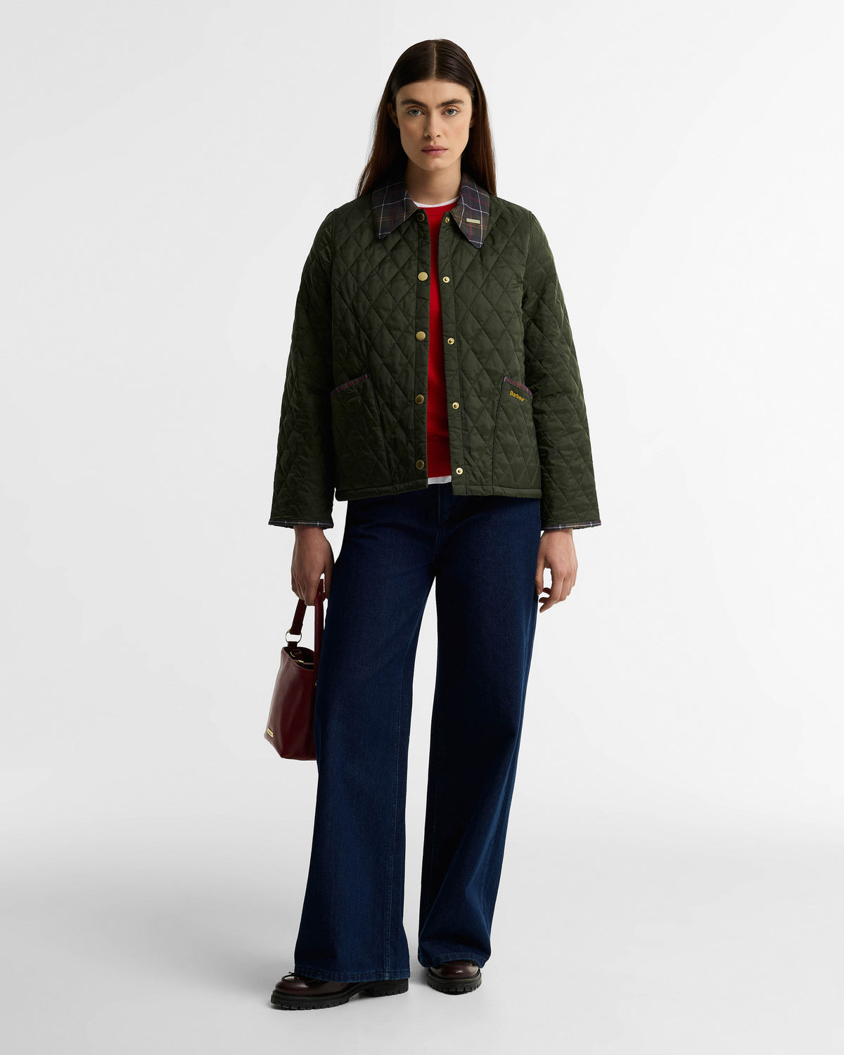 Barbour Icons Tartan Collar Cropped Liddesdale Womens Quilted Jacket - Olive/Classic | CHO | Designer Womens Quilted Jackets