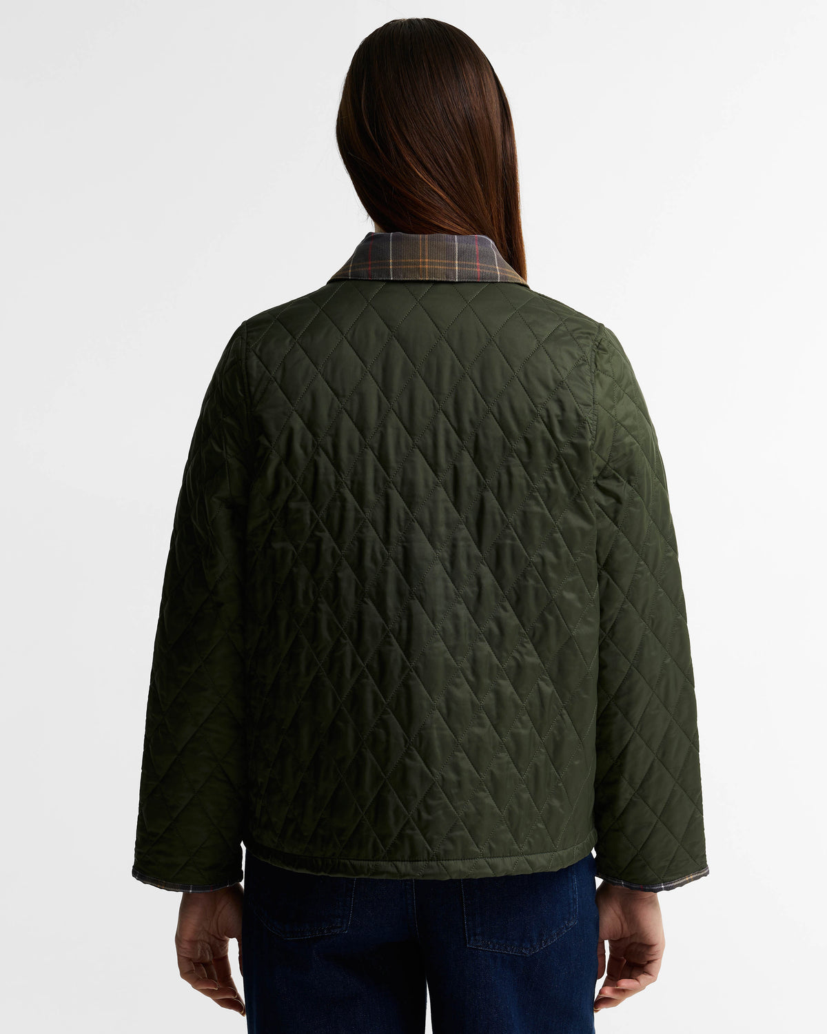Barbour Icons Tartan Collar Cropped Liddesdale Womens Quilted Jacket - Olive/Classic | CHO | Designer Womens Quilted Jackets