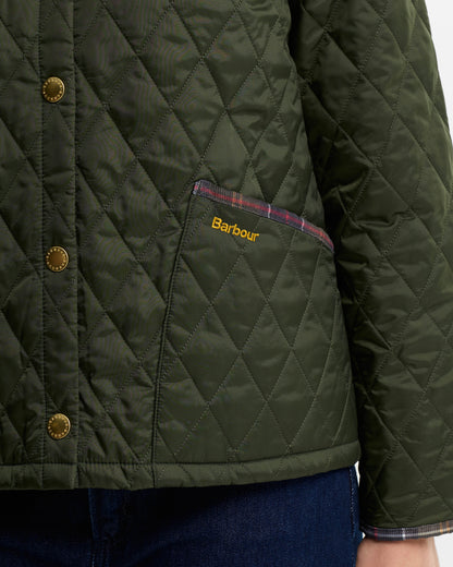 Barbour Icons Tartan Collar Cropped Liddesdale Womens Quilted Jacket - Olive/Classic | CHO | Designer Womens Quilted Jackets