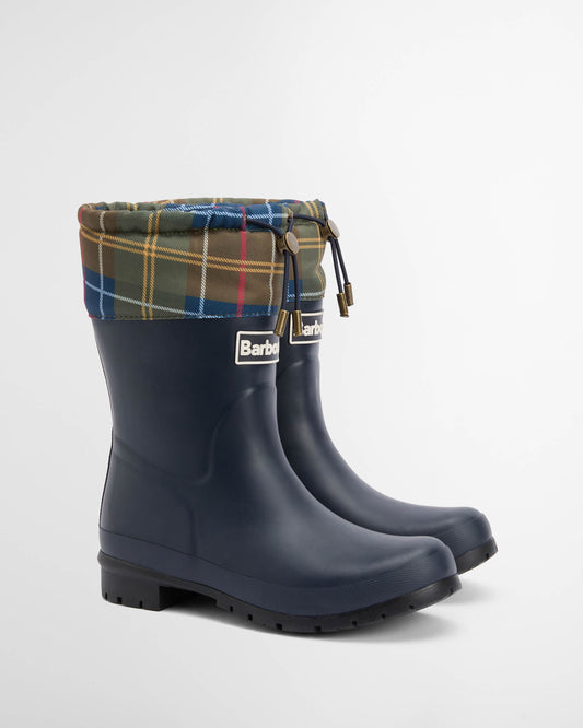 Barbour Mowbray Womens Mid Wellies - Navy/Classic Tartan | CHO | Designer Womens Boots