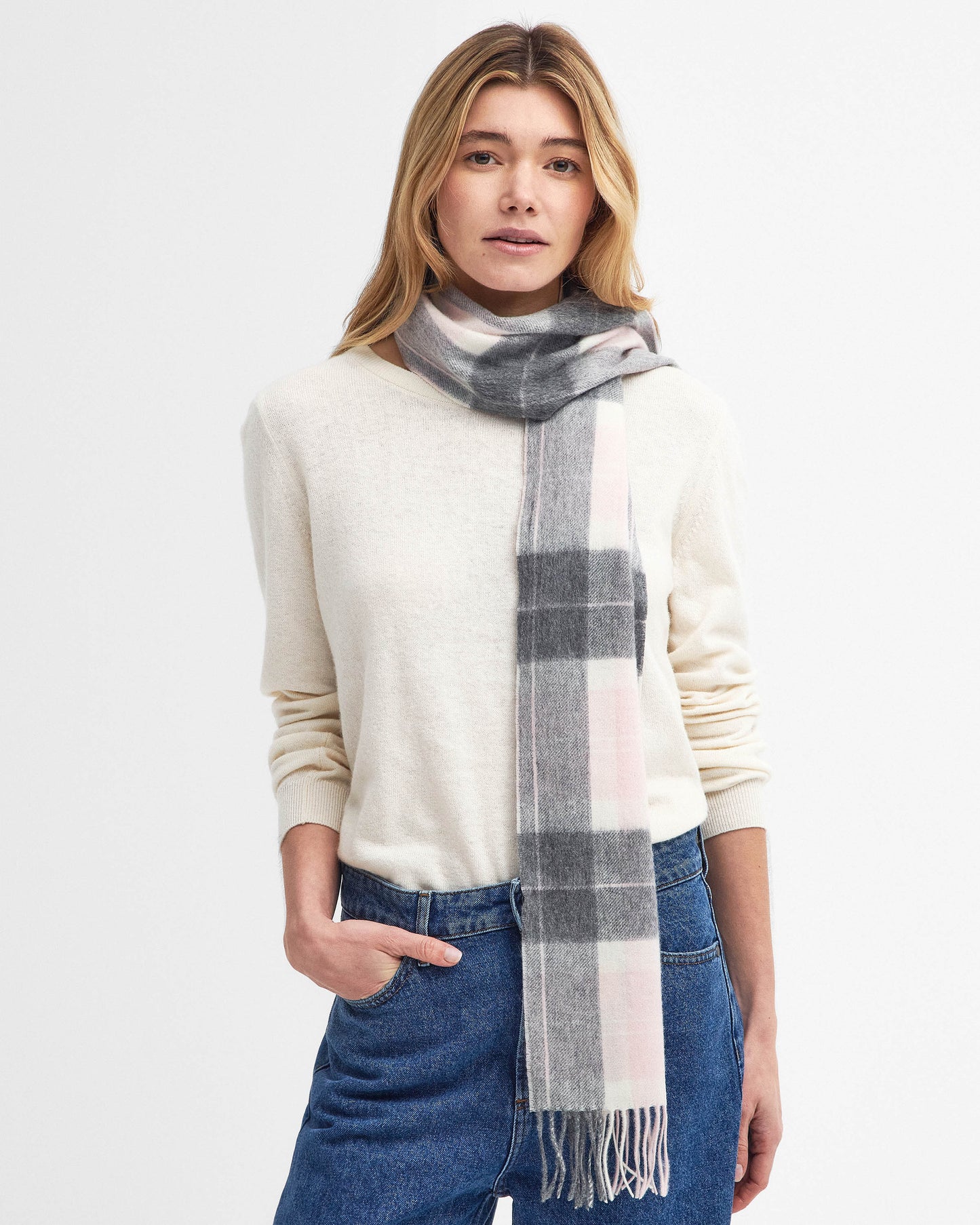 Barbour Womens Tartan Scarf - Pink/Grey Tartan | CHO | Designer Womens Scarves