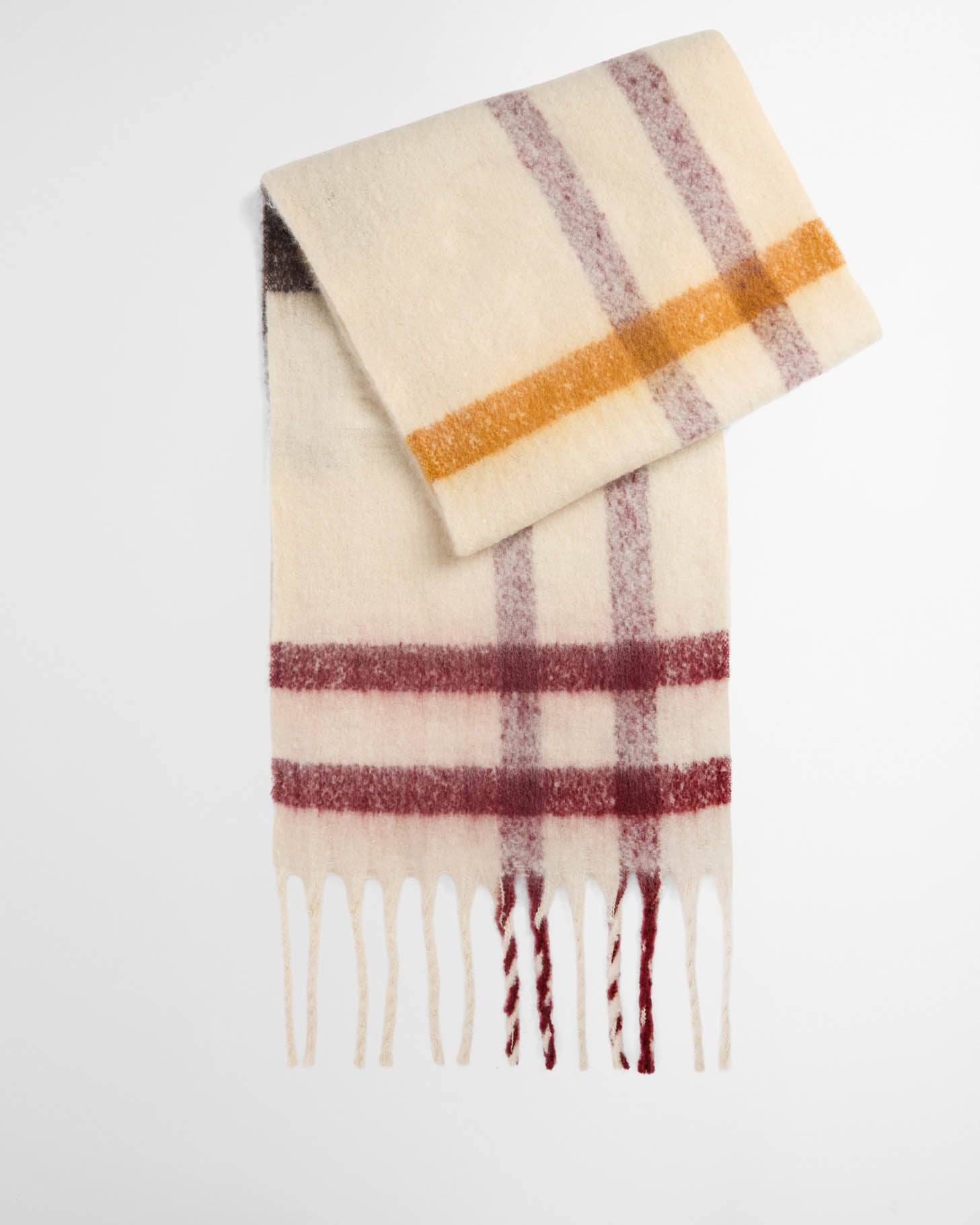 Barbour Isla Tartan Womens Boucle Scarf - Ecru Muted Tartan, folded.