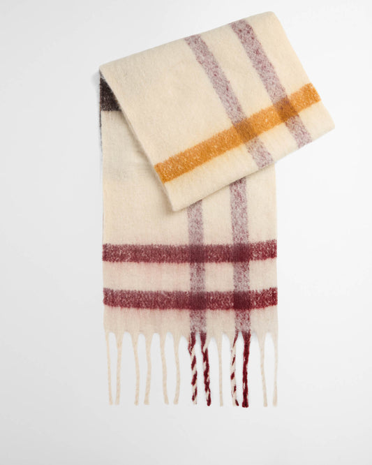 Barbour Isla Tartan Womens Boucle Scarf - Ecru Muted Tartan, folded.