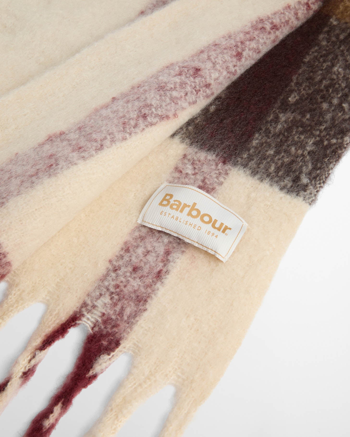 Barbour Isla Tartan Womens Boucle Scarf - Ecru Muted Tartan, logo detail.