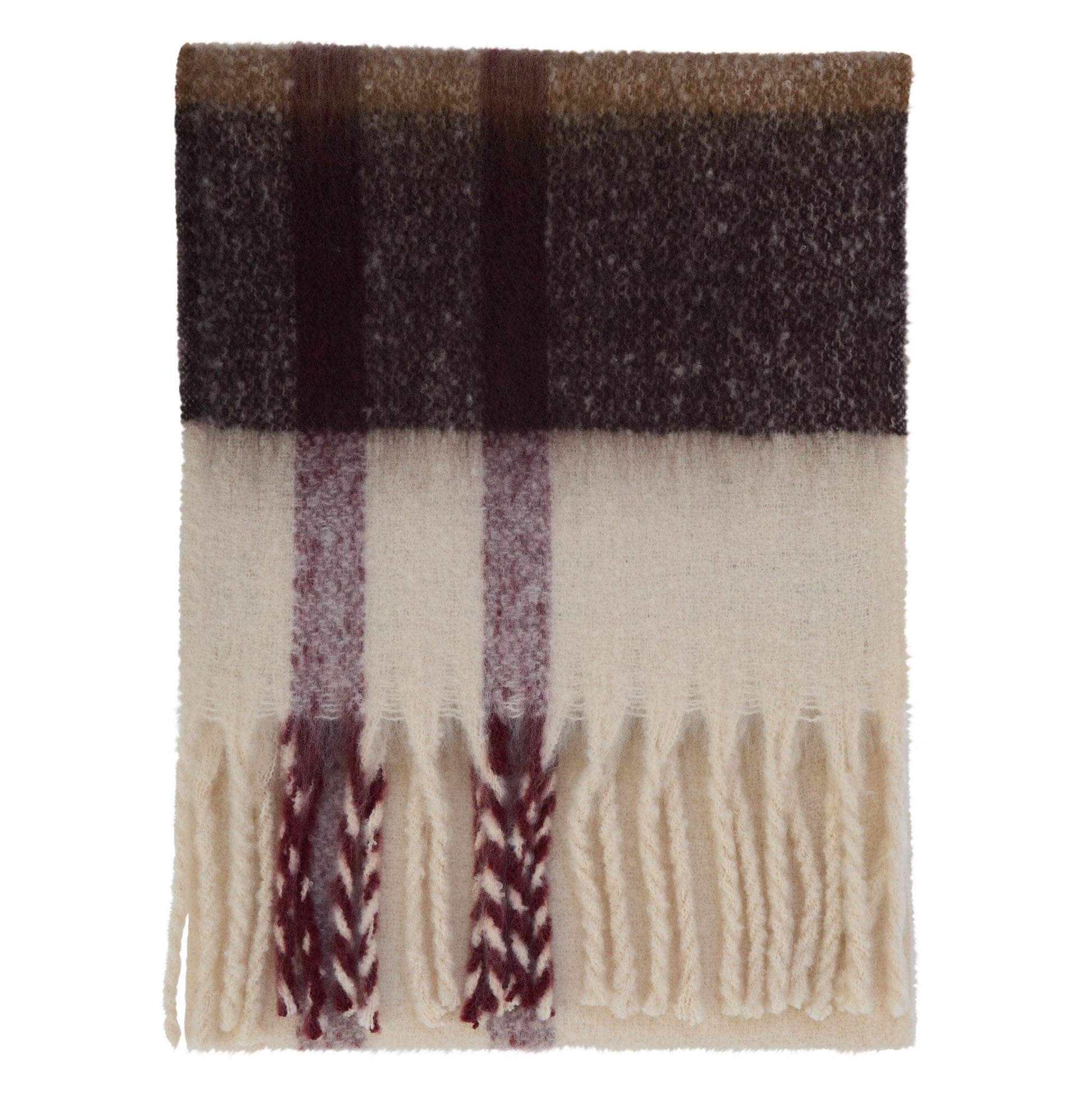 Barbour Isla Tartan Womens Boucle Scarf - Ecru Muted Tartan. Folded,detail.