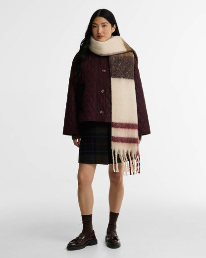 Barbour Isla Tartan Womens Boucle Scarf - Ecru Muted Tartan, model.