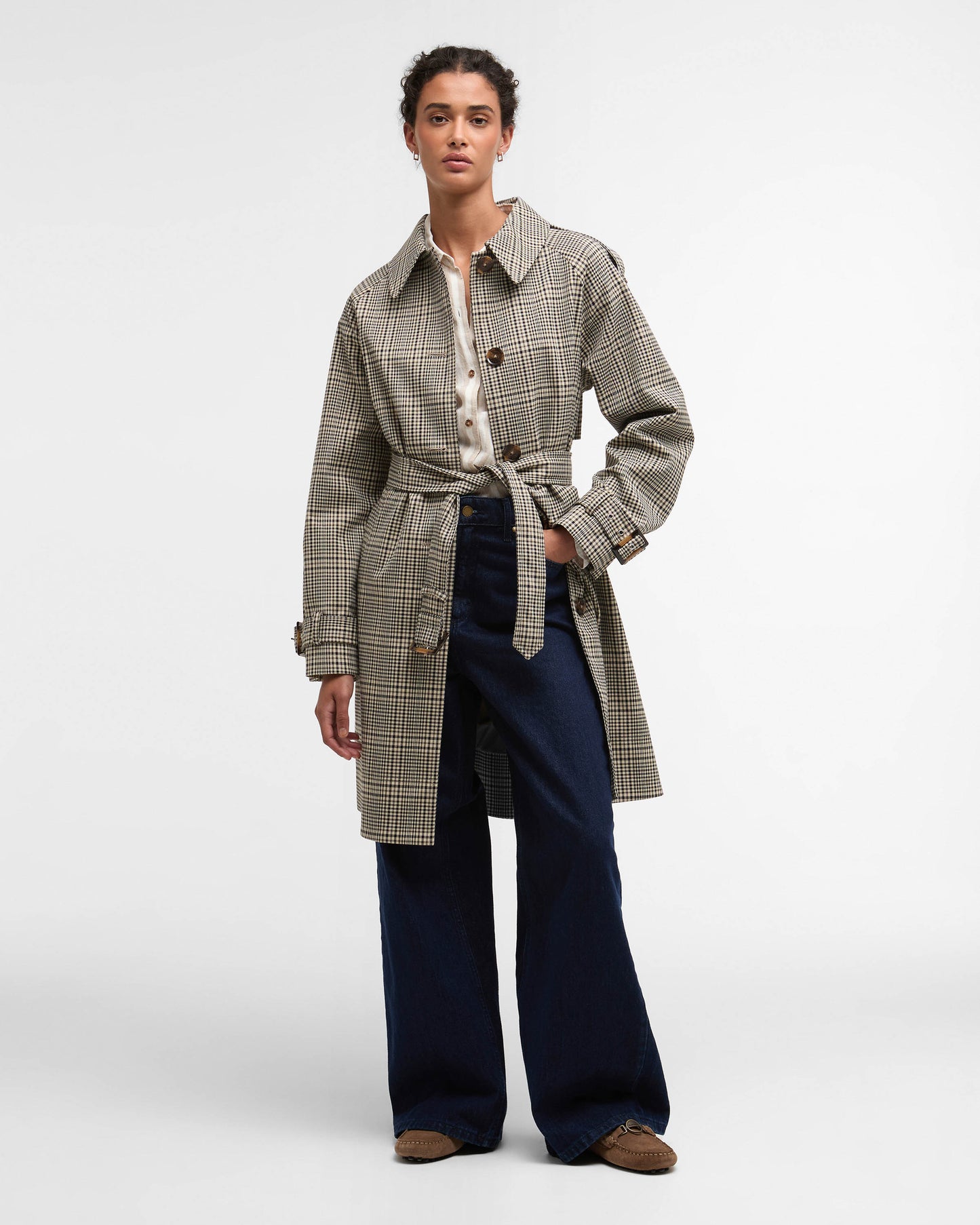 Barbour Maia Check Womens Showerproof Trenchcoat - Olive Prince Of Wales Check | CHO | Designer Womens Rain Coats