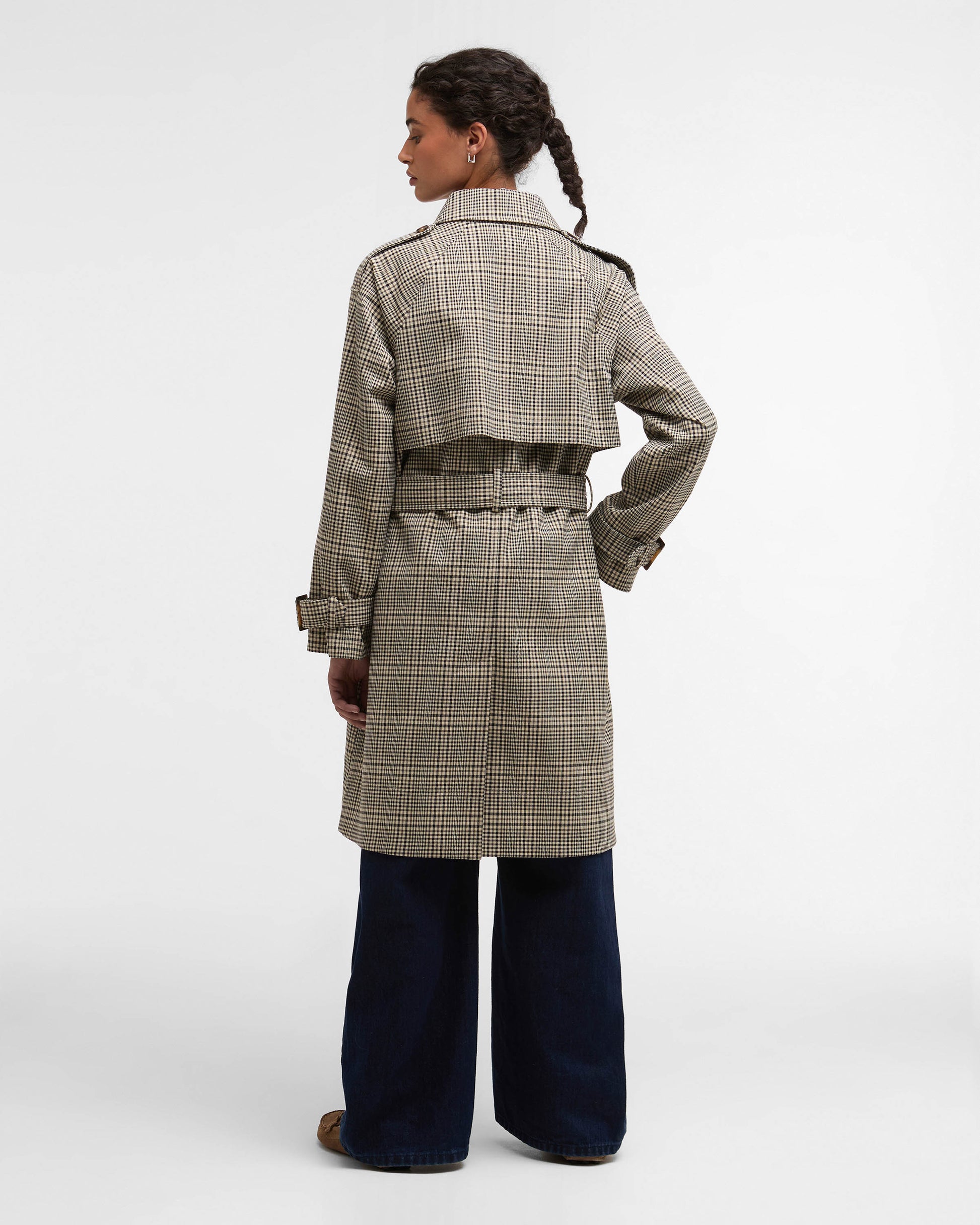Barbour Maia Check Womens Showerproof Trenchcoat - Olive Prince Of Wales Check | CHO | Designer Womens Rain Coats
