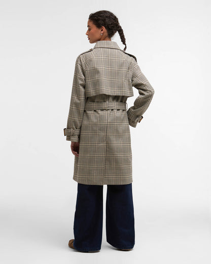 Barbour Maia Check Womens Showerproof Trenchcoat - Olive Prince Of Wales Check | CHO | Designer Womens Rain Coats