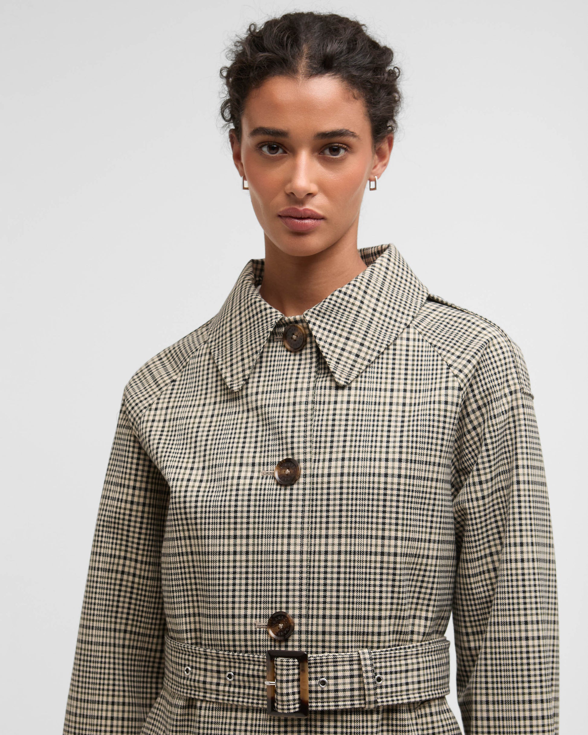 Barbour Maia Check Womens Showerproof Trenchcoat - Olive Prince Of Wales Check | CHO | Designer Womens Rain Coats