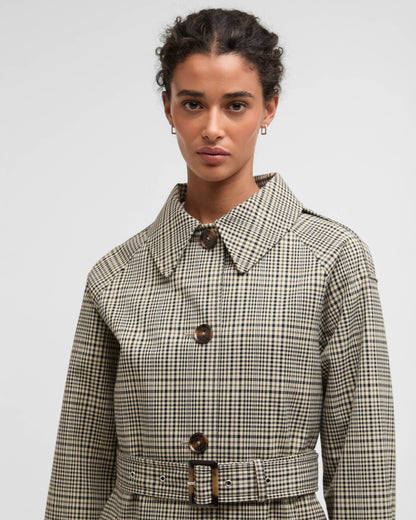 Barbour Maia Check Womens Showerproof Trenchcoat - Olive Prince Of Wales Check | CHO | Designer Womens Rain Coats