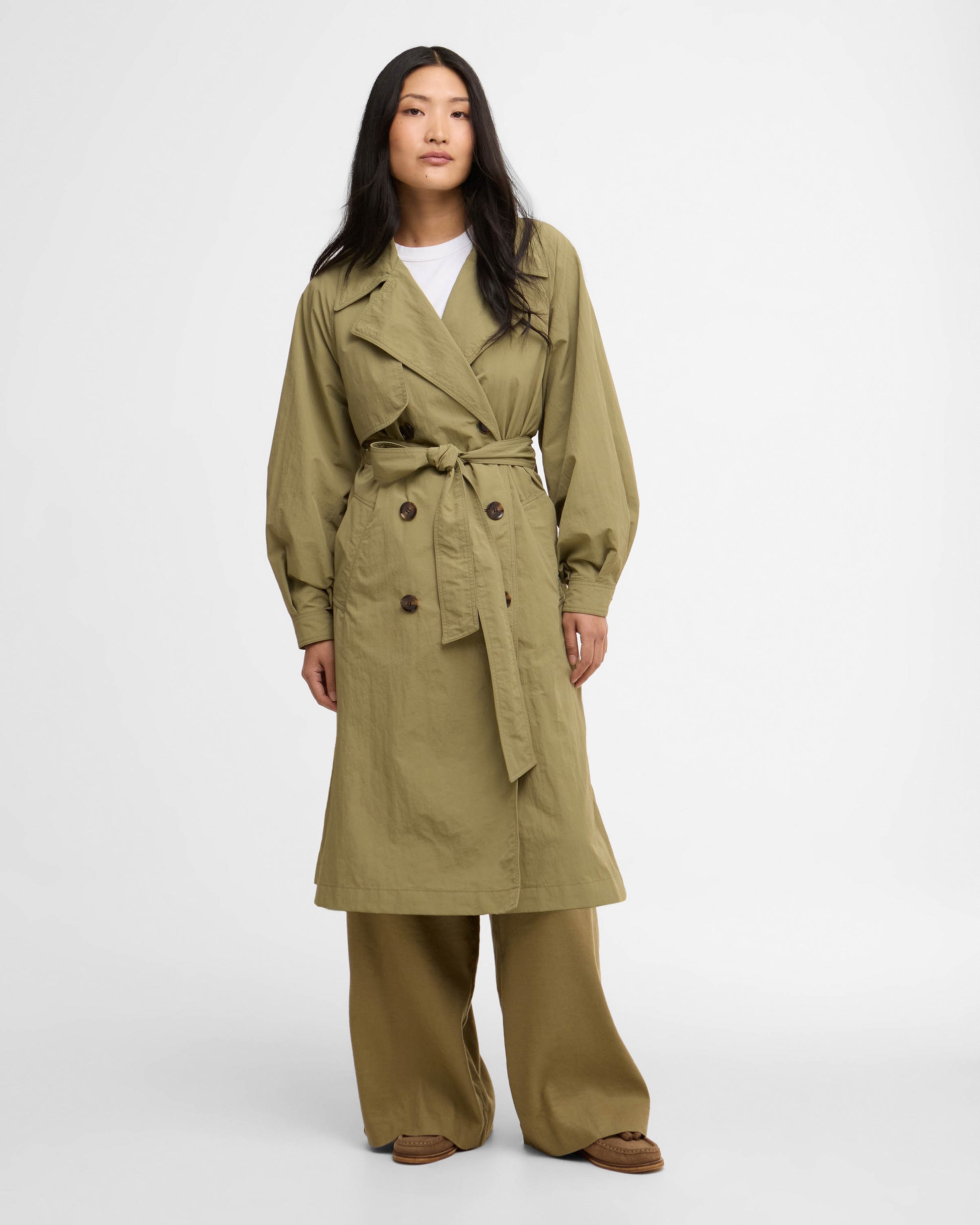 Barbour Layla Womens Showerproof Trenchcoat - Bleached Olive/Dress Navy Tartan | CHO | Designer Womens Rain Coats