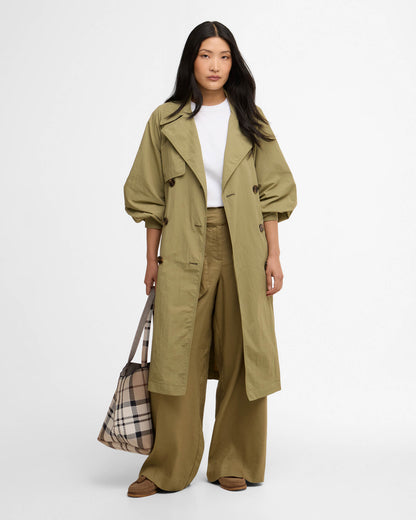 Barbour Layla Womens Showerproof Trenchcoat - Bleached Olive/Dress Navy Tartan | CHO | Designer Womens Rain Coats