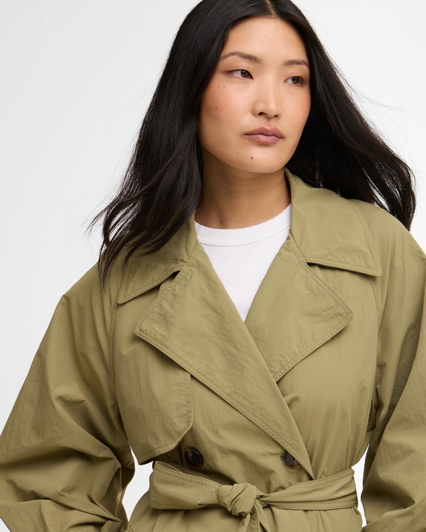 Barbour Layla Womens Showerproof Trenchcoat - Bleached Olive/Dress Navy Tartan | CHO | Designer Womens Rain Coats