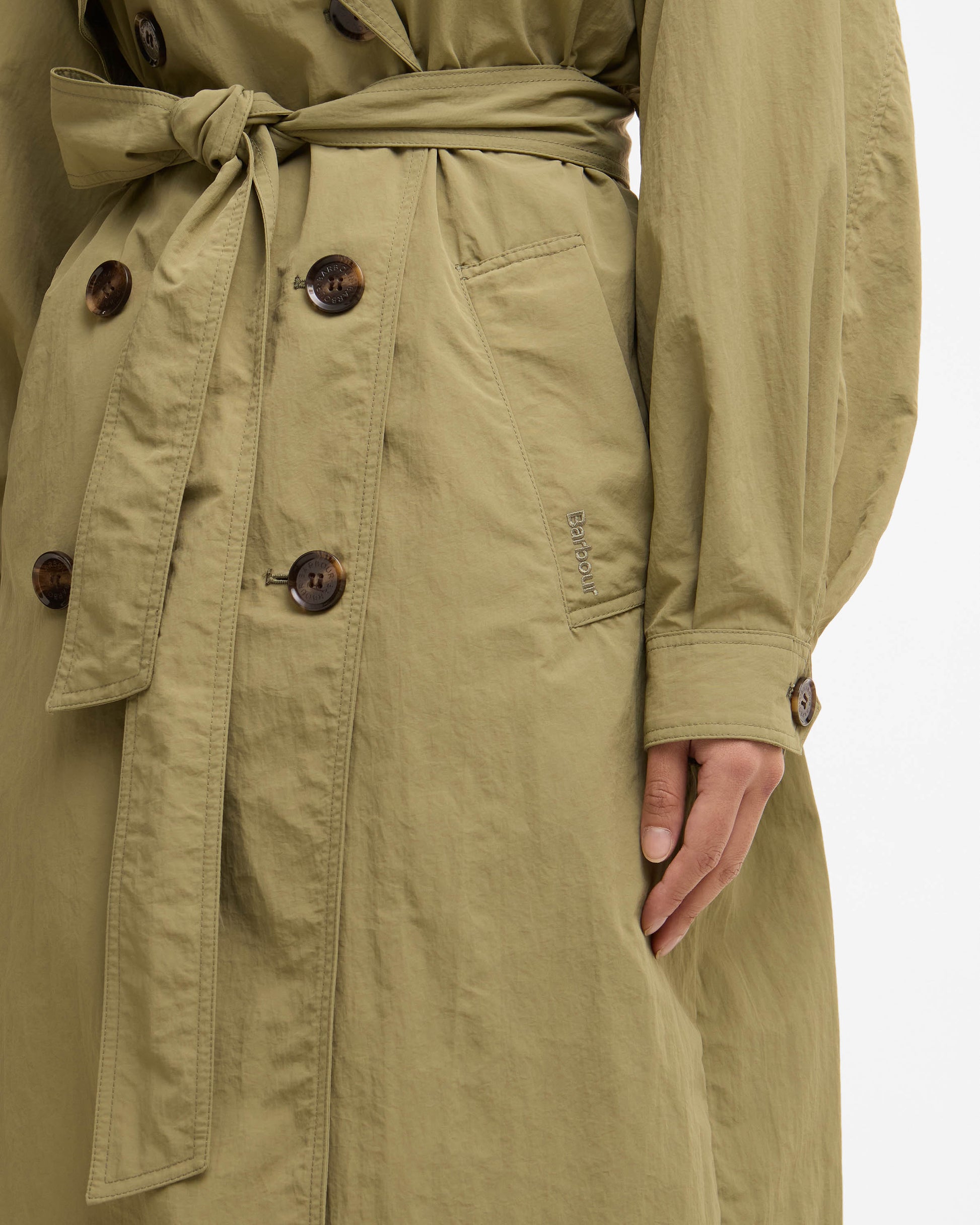 Barbour Layla Womens Showerproof Trenchcoat - Bleached Olive/Dress Navy Tartan | CHO | Designer Womens Rain Coats