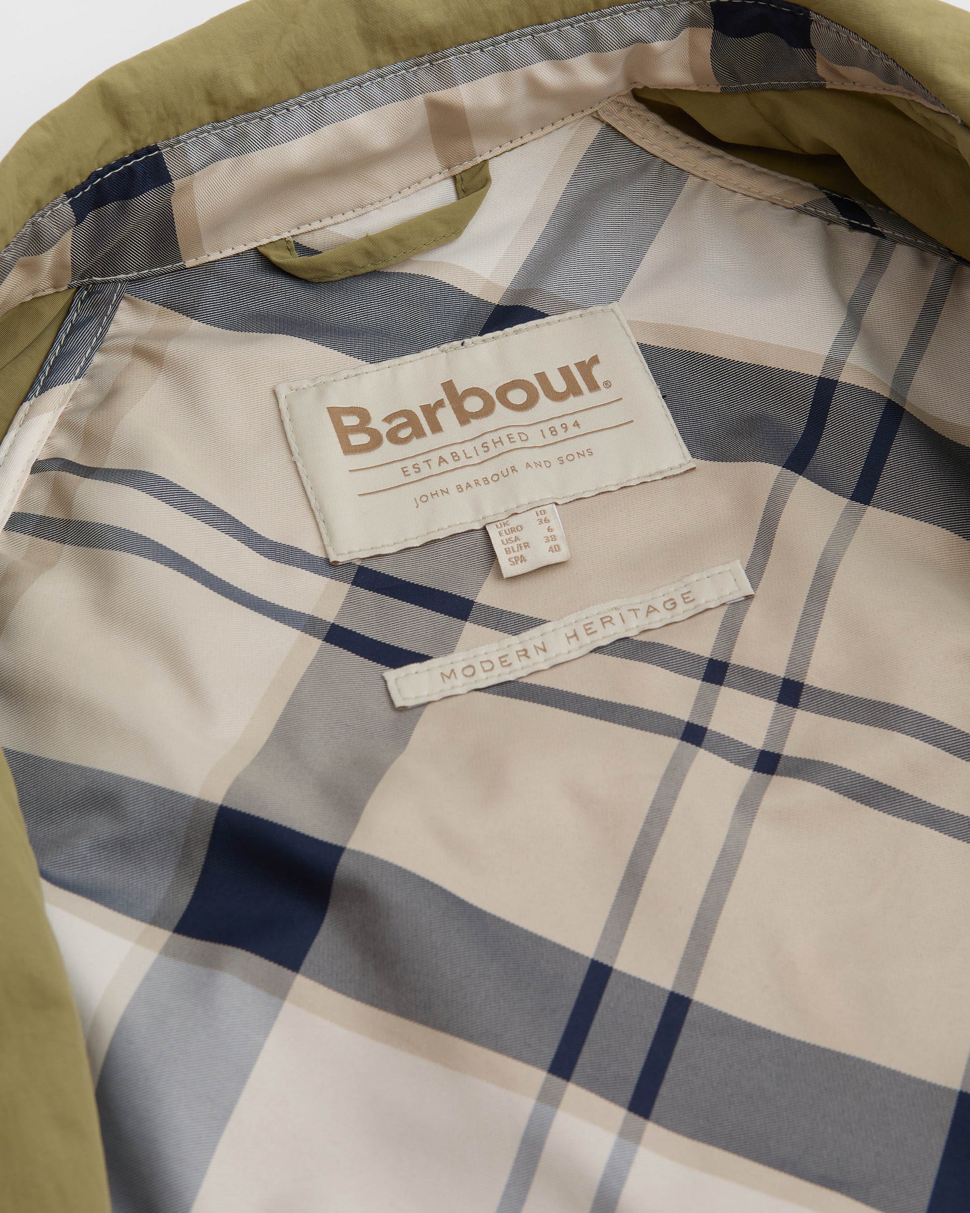 Barbour Layla Womens Showerproof Trenchcoat - Bleached Olive/Dress Navy Tartan | CHO | Designer Womens Rain Coats