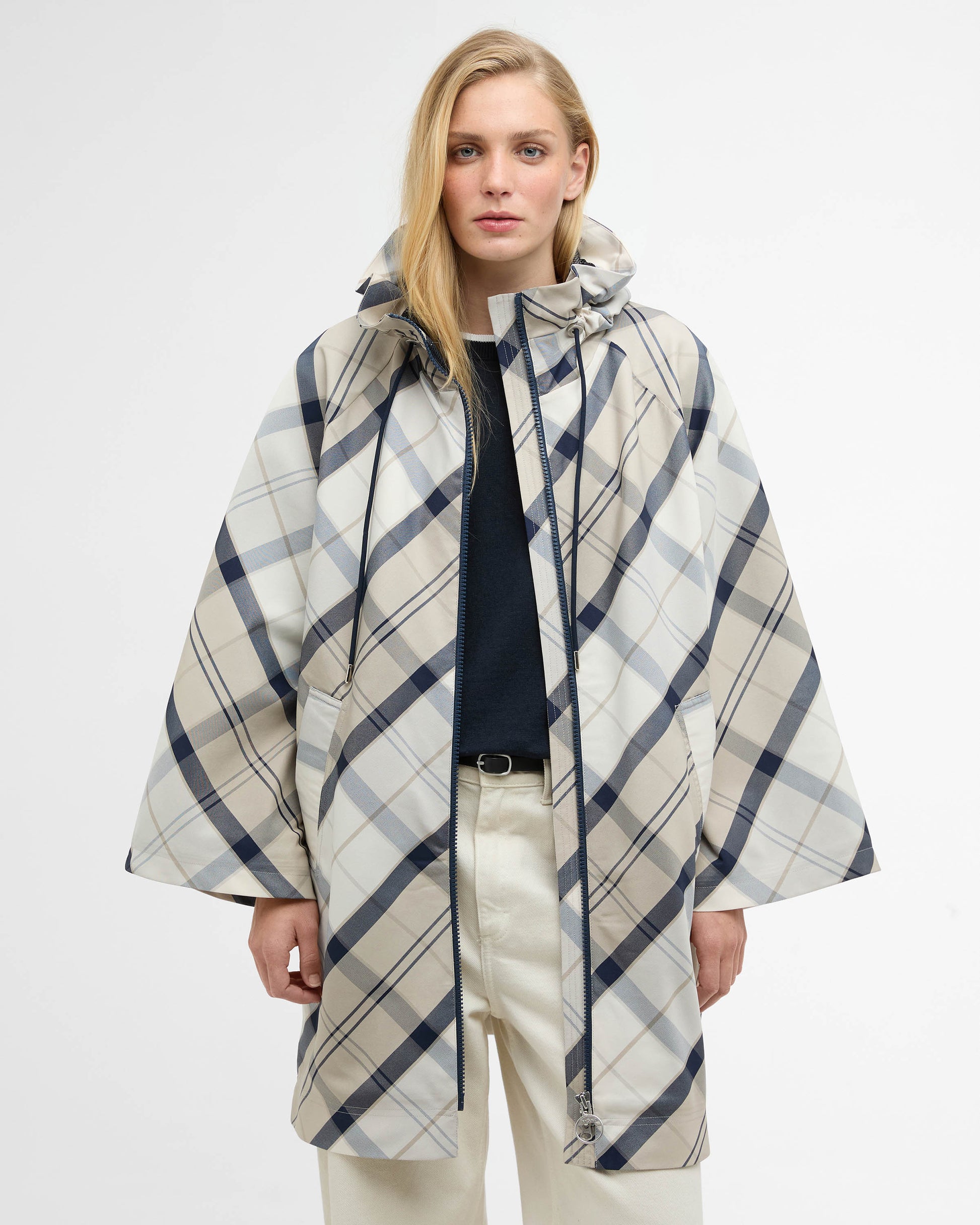 Barbour Kinsale Tartan Womens Showerproof Cape - Dress Navy Tartan | CHO | Designer Womens Rain Coats