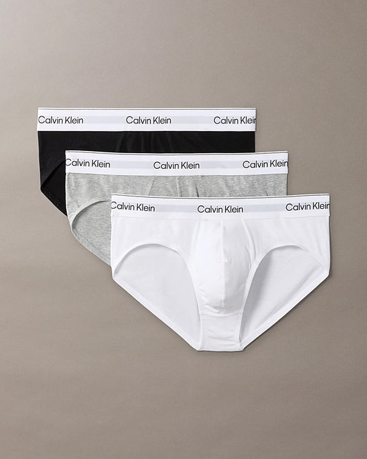 Calvin Klein 3 Pack Icon Cotton Stretch Mens Hip Briefs - Grey Heather/White/Black | CHO | Designer Mens Underwear