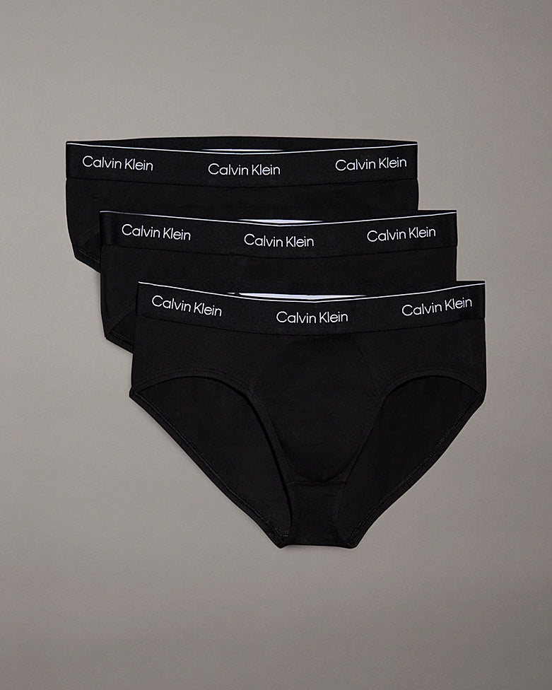 Calvin Klein 3 Pack Icon Cotton Stretch Mens Hip Briefs - Black with Black WB | CHO | Designer Mens Underwear
