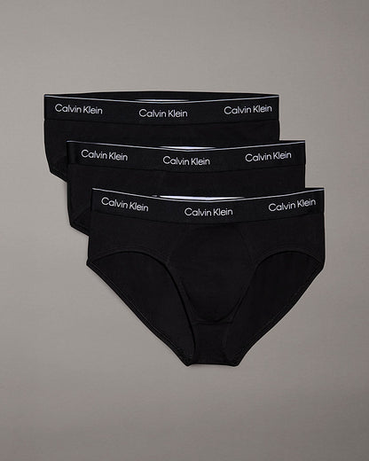 Calvin Klein 3 Pack Icon Cotton Stretch Mens Hip Briefs - Black with Black WB | CHO | Designer Mens Underwear