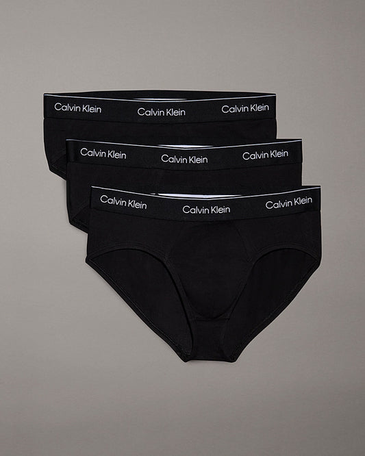 Calvin Klein 3 Pack Icon Cotton Stretch Mens Hip Briefs - Black with Black WB | CHO | Designer Mens Underwear