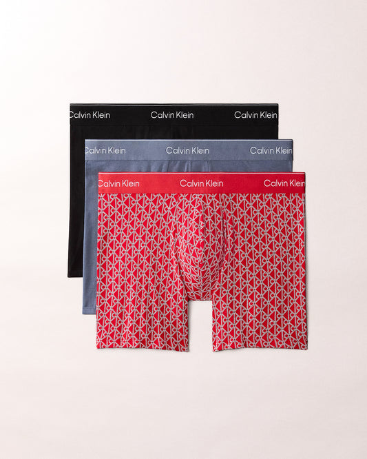 Calvin Klein 3 Pack Icon Cotton Stretch Mens Boxer Briefs - Black/Prep Emblem Goji Berry/Grisai | CHO | Designer Mens Underwear