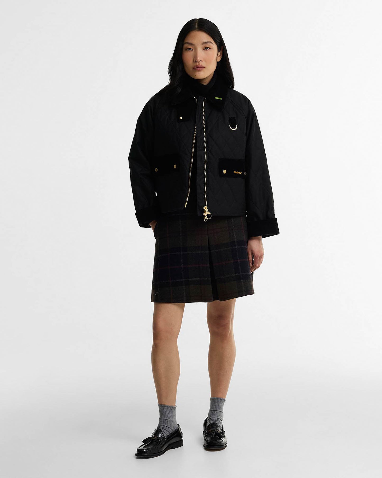 Barbour Icons Quilted Spey Womens Wax Jacket - Black/Classic, full length.