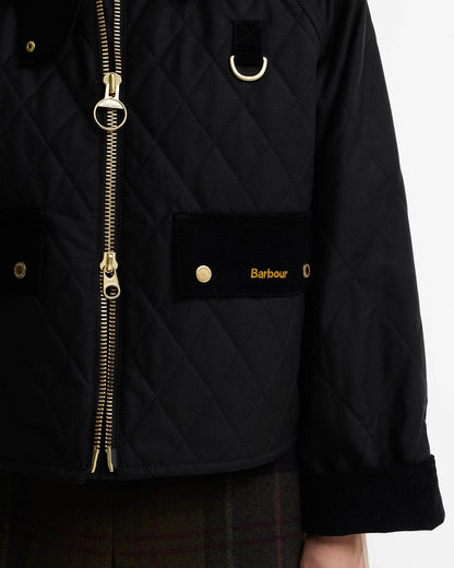 Barbour Icons Quilted Spey Womens Wax Jacket - Black/Classic, cuff/pocket detail.
