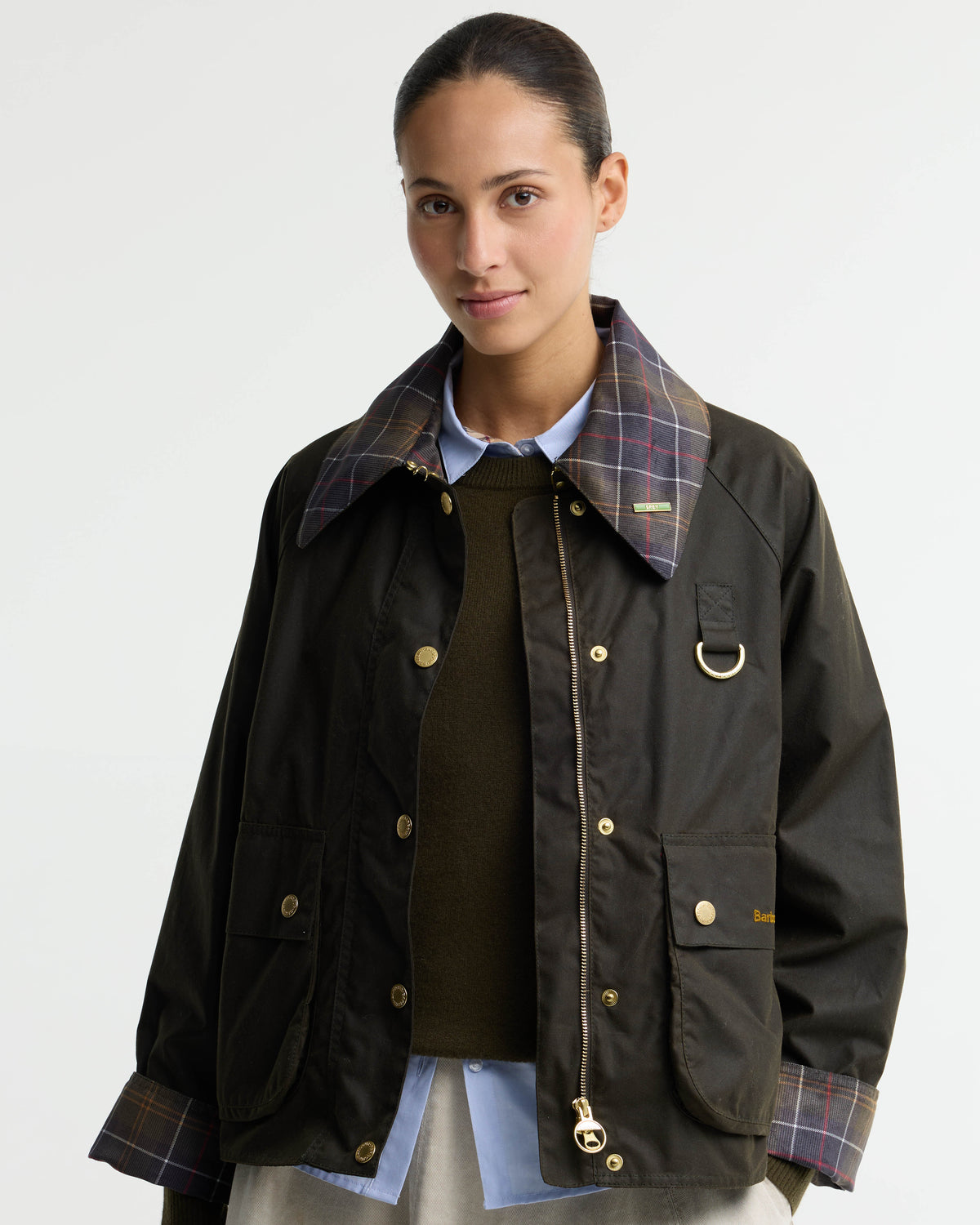 Barbour Icons Tartan Collar Spey Womens Wax Jacket - Olive/Classic | CHO | Designer Womens Wax Jackets