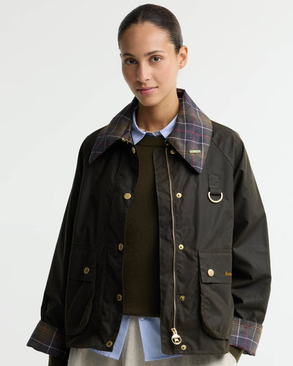 Barbour Icons Tartan Collar Spey Womens Wax Jacket - Olive/Classic | CHO | Designer Womens Wax Jackets