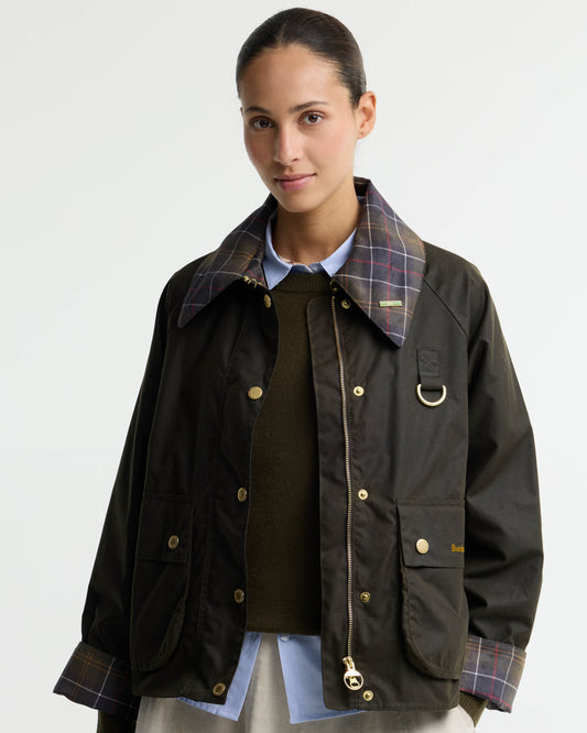 Barbour Icons Tartan Collar Spey Womens Wax Jacket - Olive/Classic | CHO | Designer Womens Wax Jackets