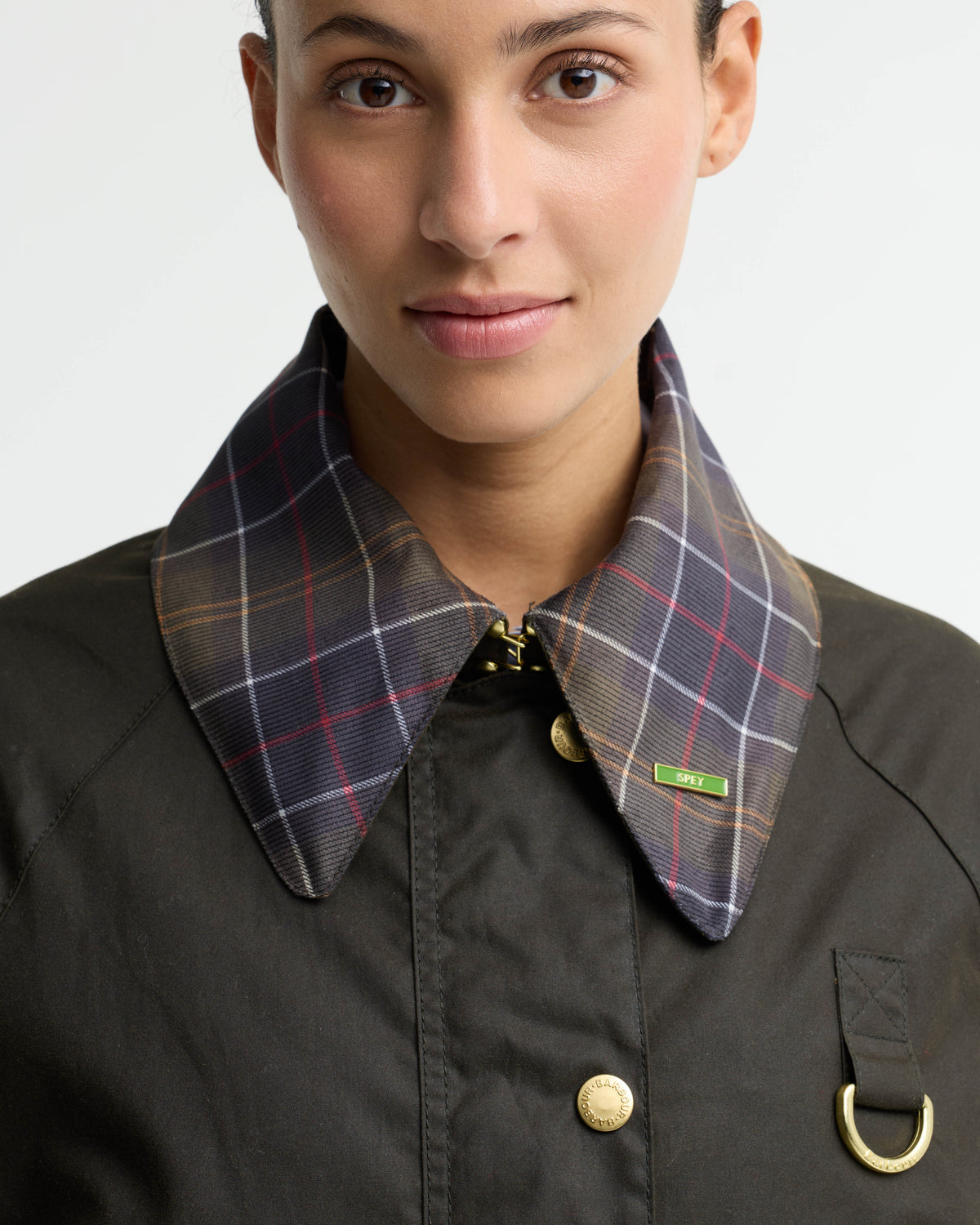 Barbour Icons Tartan Collar Spey Womens Wax Jacket - Olive/Classic | CHO | Designer Womens Wax Jackets