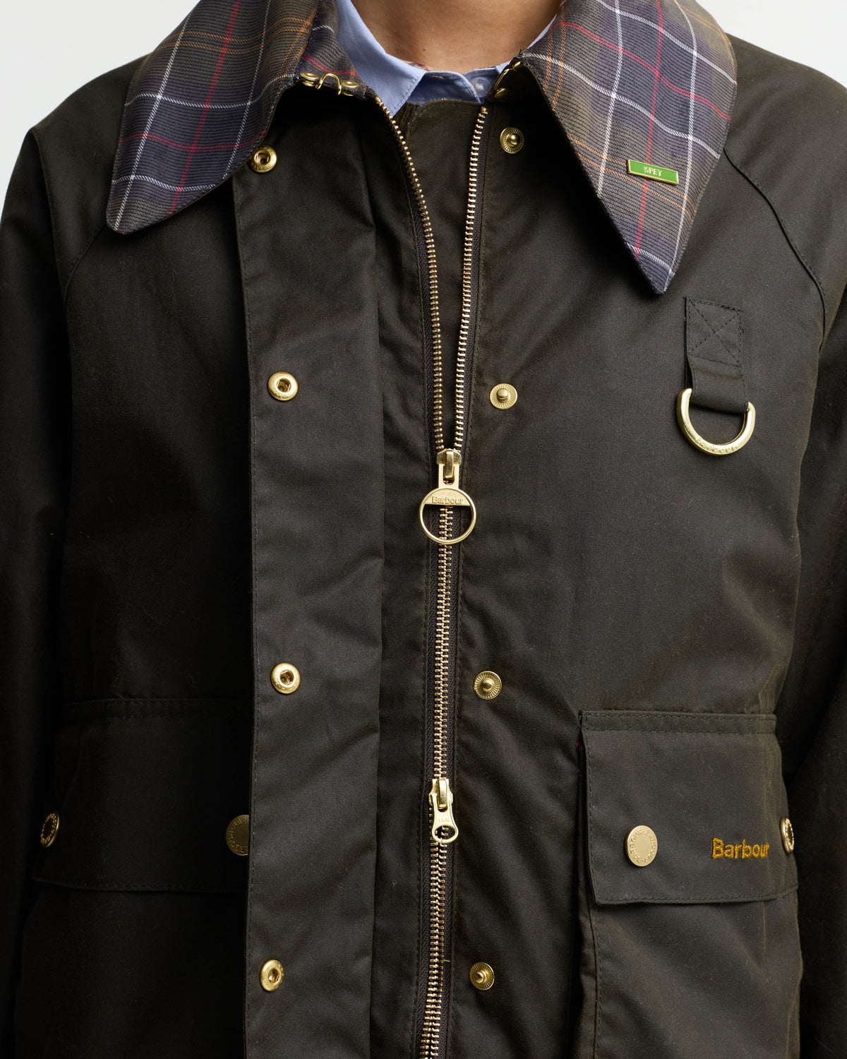 Barbour Icons Tartan Collar Spey Womens Wax Jacket - Olive/Classic | CHO | Designer Womens Wax Jackets