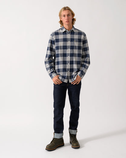 full length of a model wearing a Lacoste Casual Flannel Mens Long Sleeve Shirt in Lapland/Navy Blue-Rill DCN0