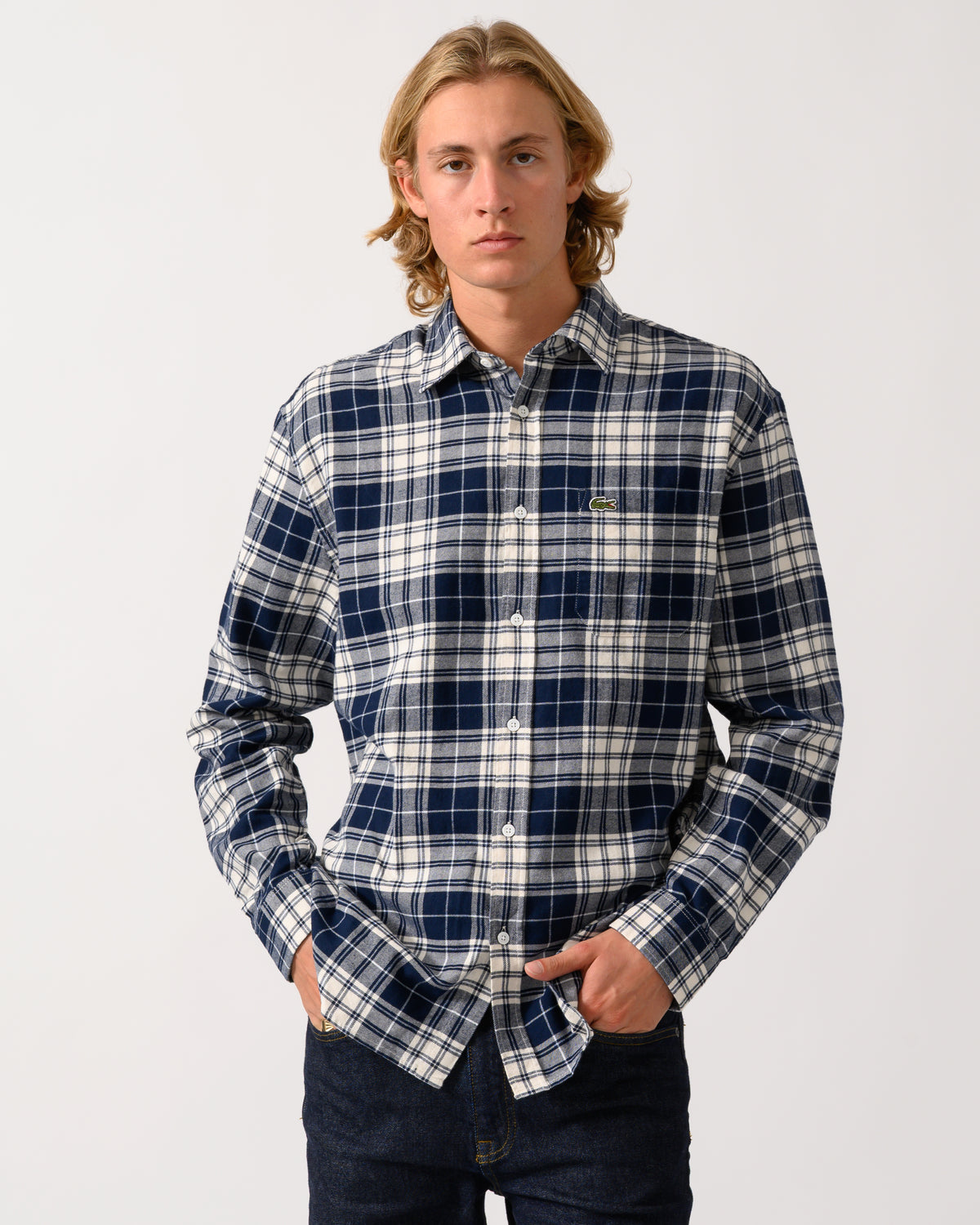 model wearing a Lacoste Casual Flannel Mens Long Sleeve Shirt in Lapland/Navy Blue-Rill DCN0