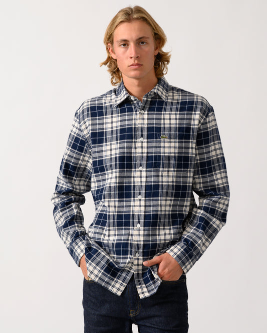 model wearing a Lacoste Casual Flannel Mens Long Sleeve Shirt in Lapland/Navy Blue-Rill DCN0