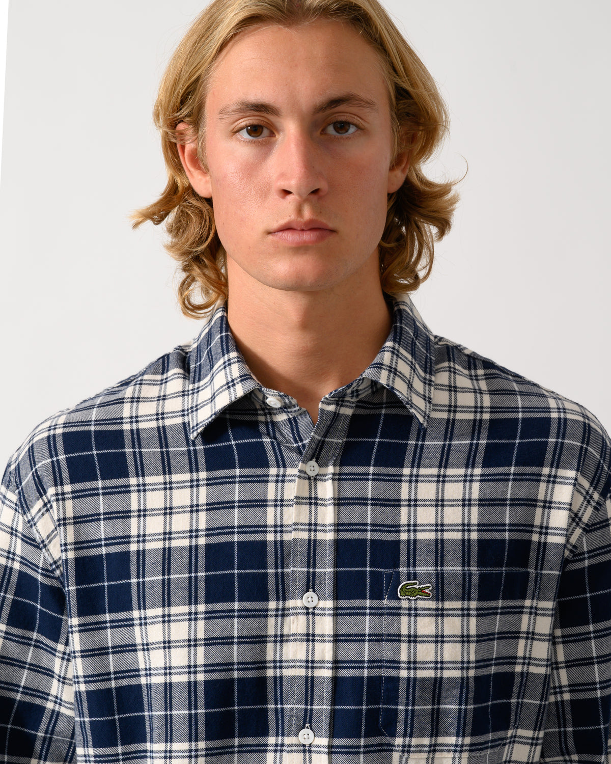 close up of model wearing a Lacoste Casual Flannel Mens Long Sleeve Shirt in Lapland/Navy Blue-Rill DCN0