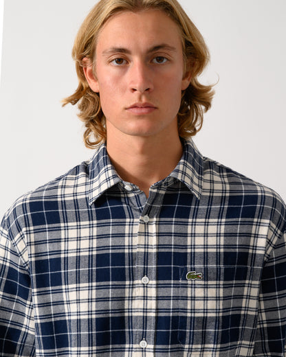close up of model wearing a Lacoste Casual Flannel Mens Long Sleeve Shirt in Lapland/Navy Blue-Rill DCN0