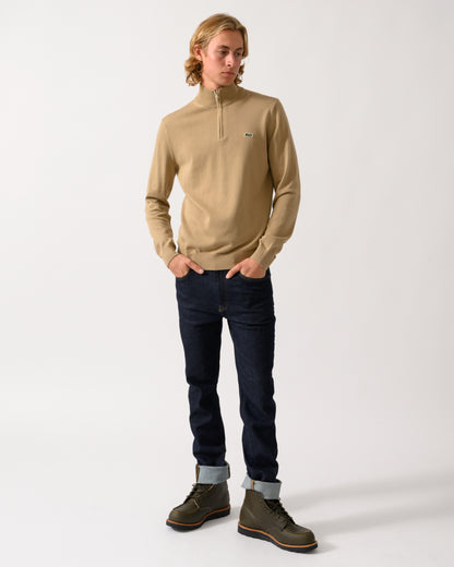 full length of a model wearing a Lacoste Half Zip Logo Mens Sweatshirt in Cookie SIX