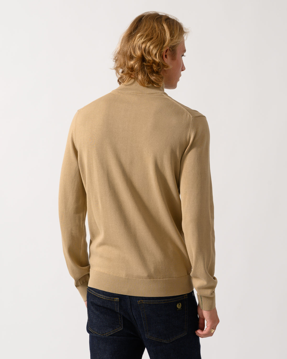 back model wearing a Lacoste Half Zip Logo Mens Sweatshirt in Cookie SIX