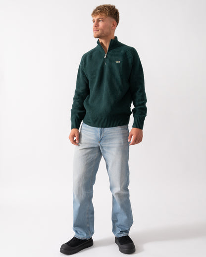 Lacoste High Zip Neck Thick Rib Knit Mens Wool Sweater - Sinople YZP - CHO - Designer Mens Jumpers