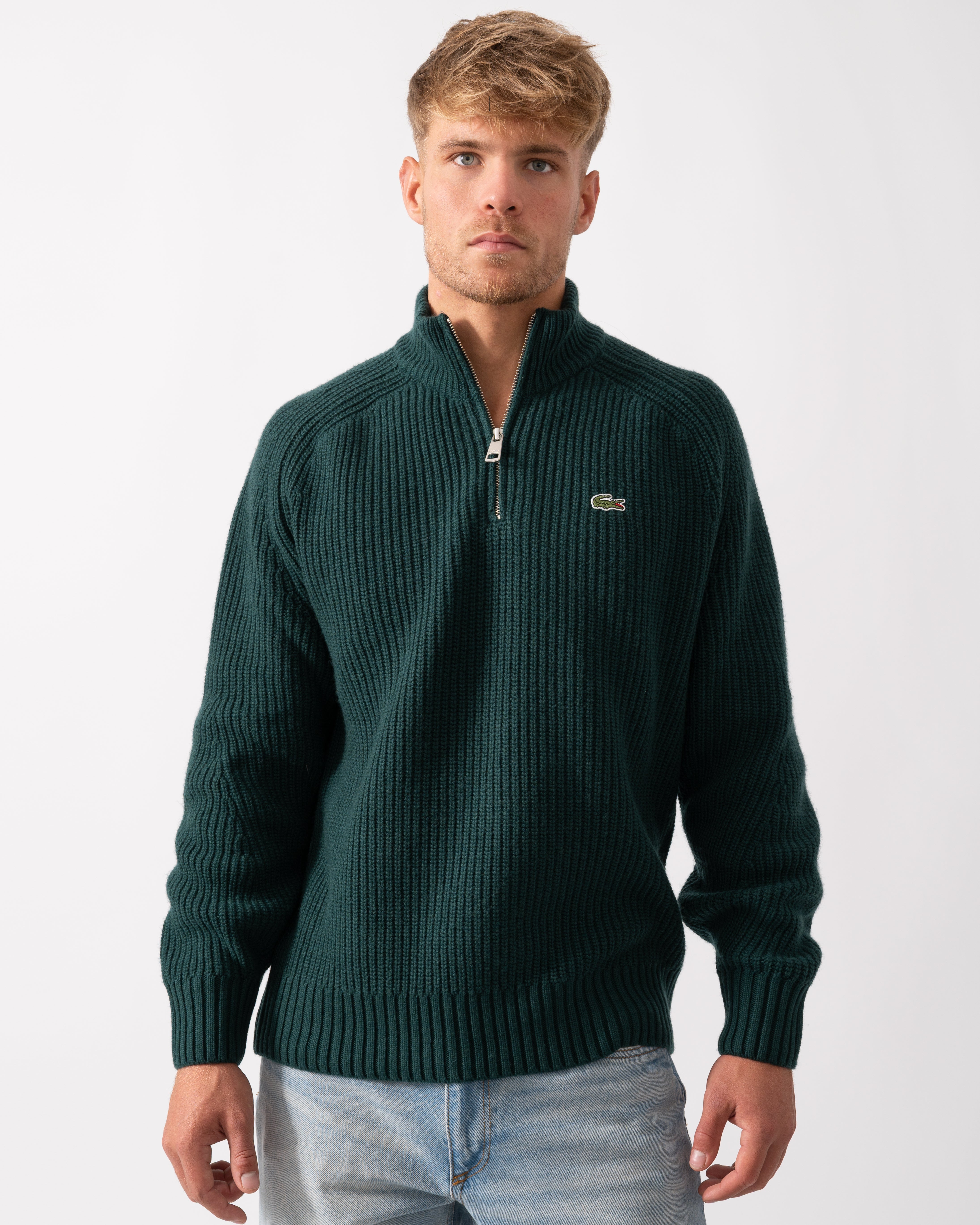Lacoste High Zip Neck Thick Rib Knit Mens Wool Sweater - Sinople
