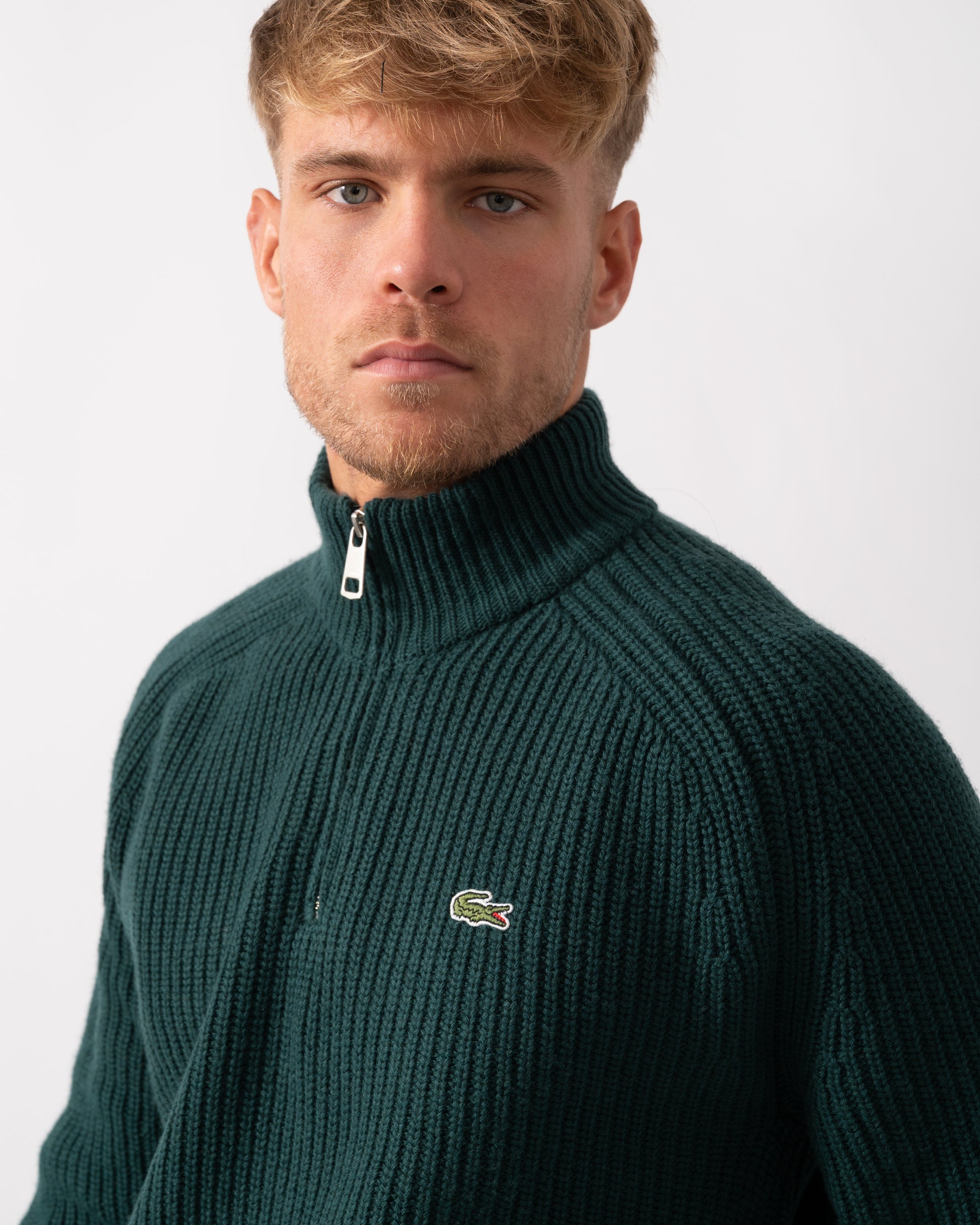 Lacoste High Zip Neck Thick Rib Knit Mens Wool Sweater - Sinople YZP - CHO - Designer Mens Jumpers