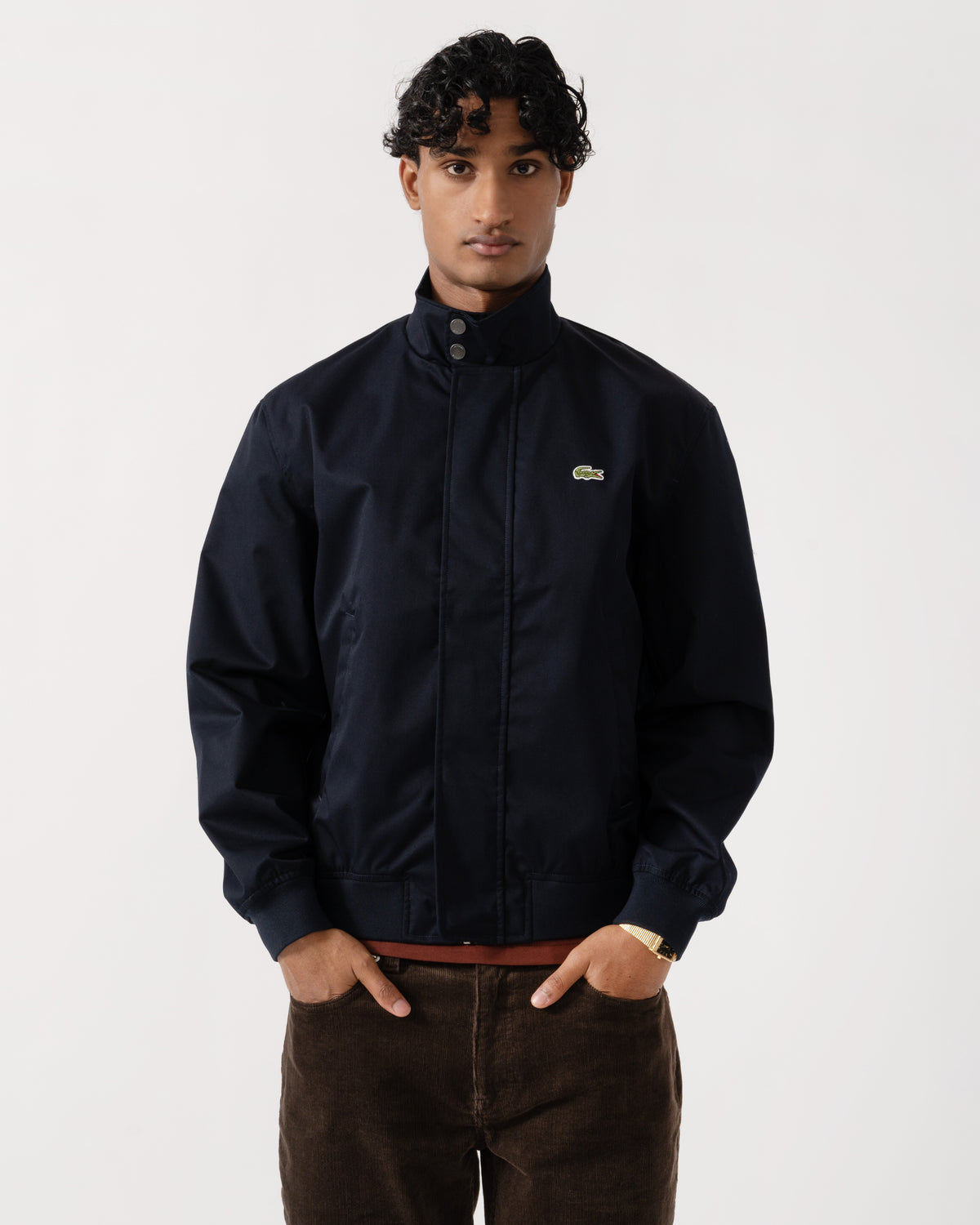 Front of the Lacoste Lightweight Water-Repellent Twill Mens Harrington Jacket - Abysm HDE