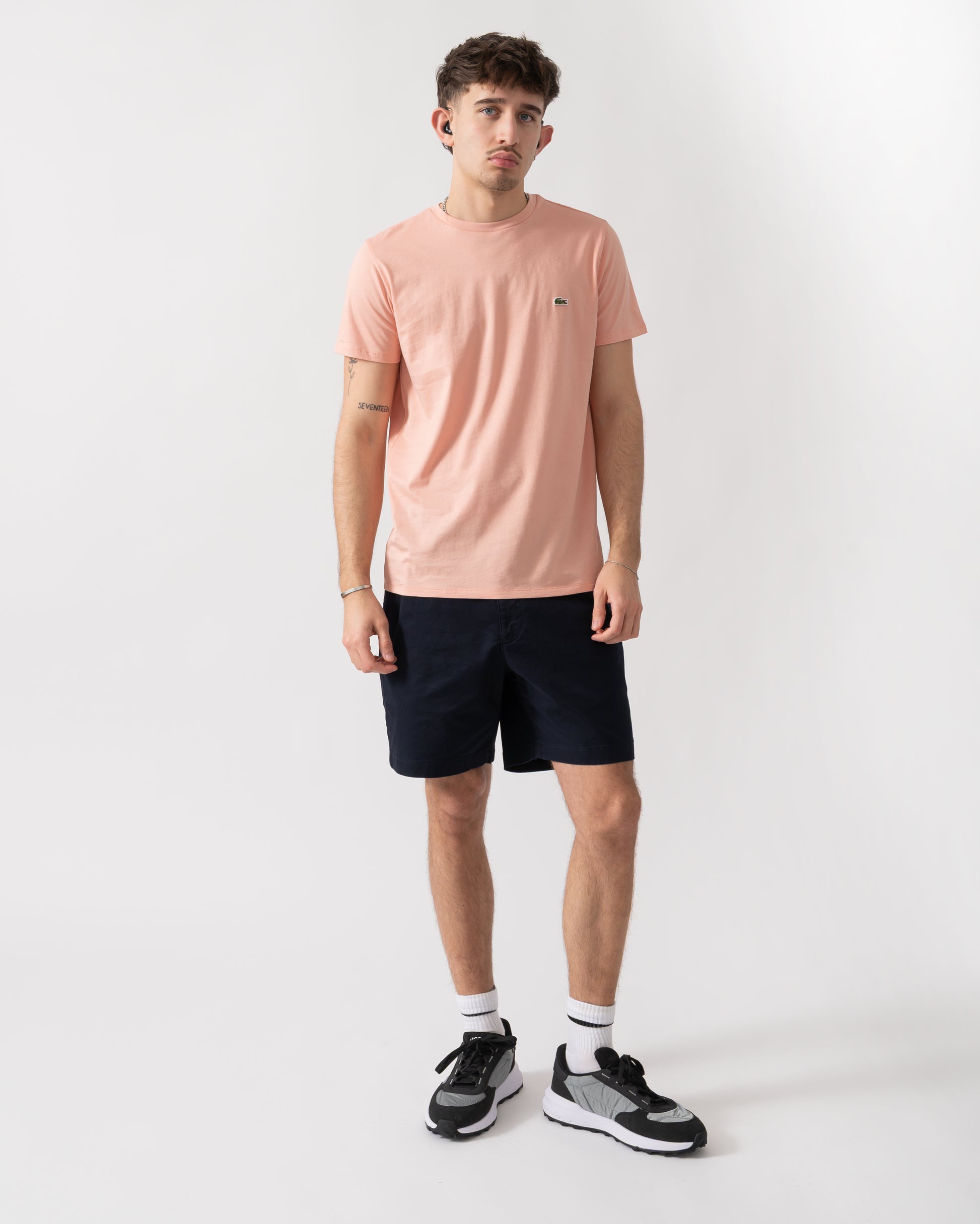 full length shot of model wearing a Lacoste Mens Crew Neck Pima Cotton Jersey T-Shirt in Miami UI2