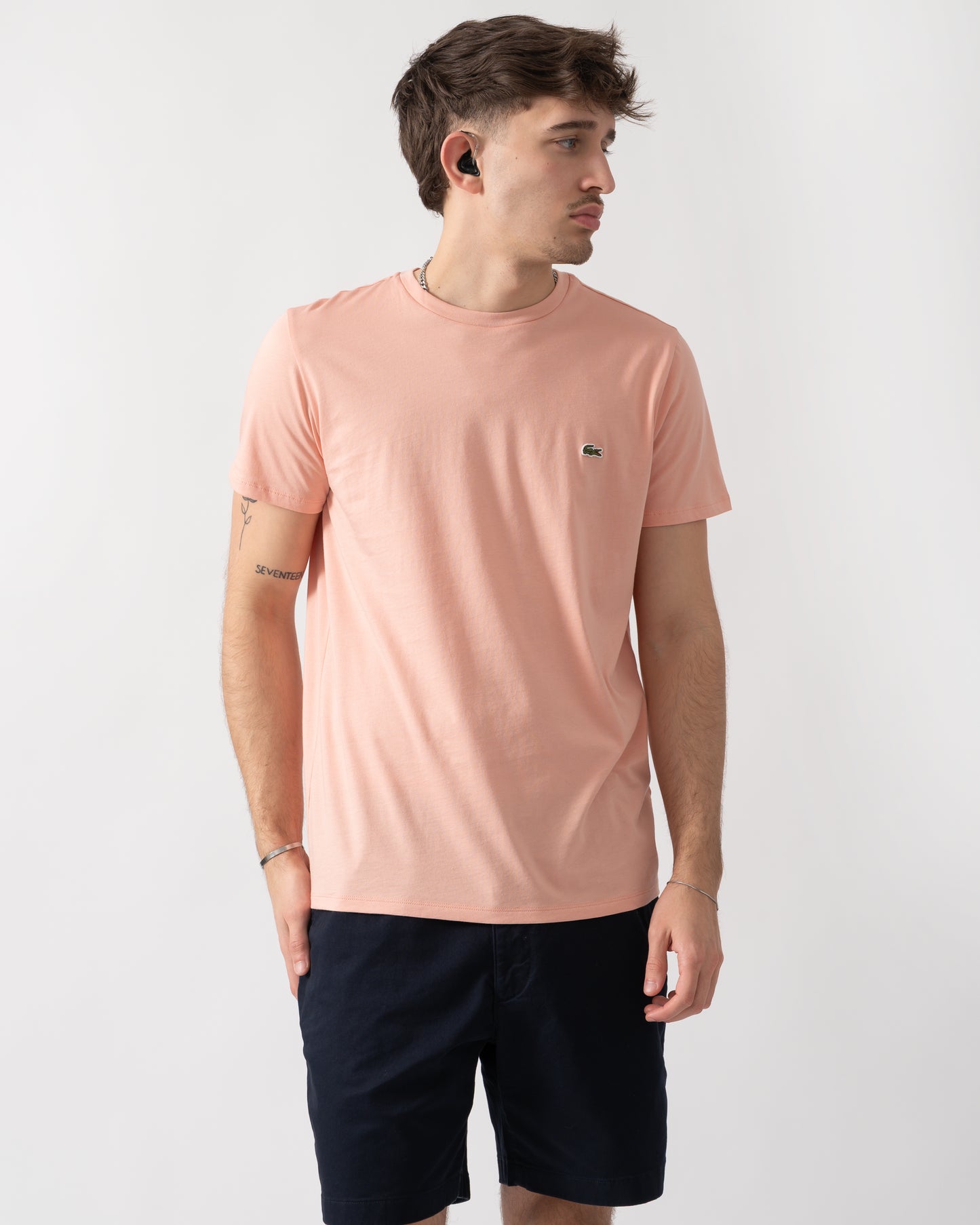 studio shot of model wearing a Lacoste Mens Crew Neck Pima Cotton Jersey T-Shirt in Miami UI2
