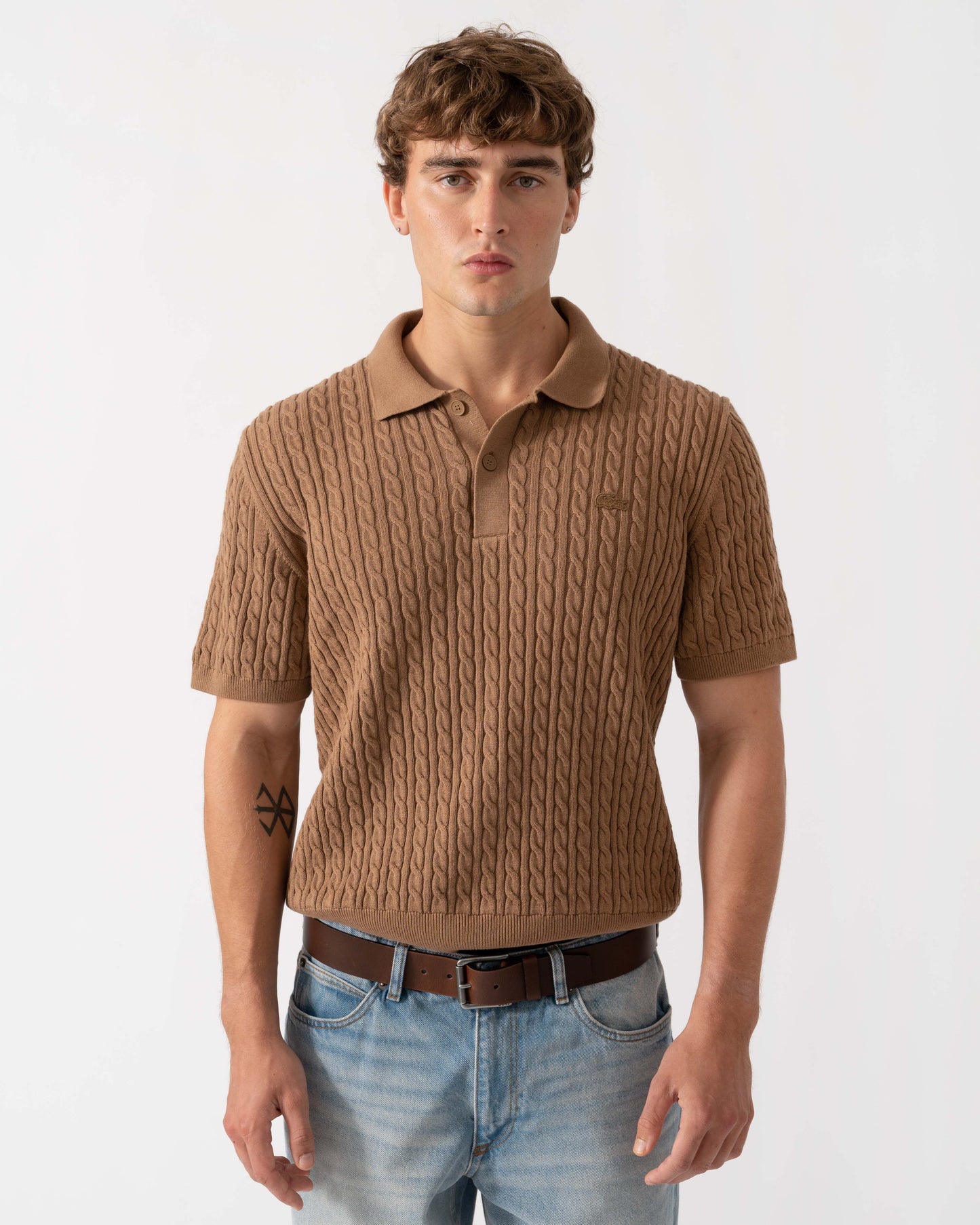 Front of Lacoste Polo Mens Short Sleeve Sweatshirt - Cookie/Green UQW