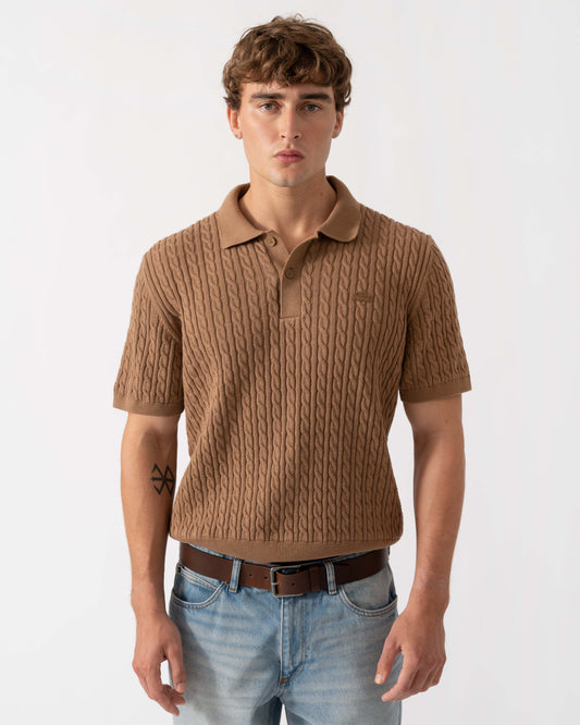 Front of Lacoste Polo Mens Short Sleeve Sweatshirt - Cookie/Green UQW